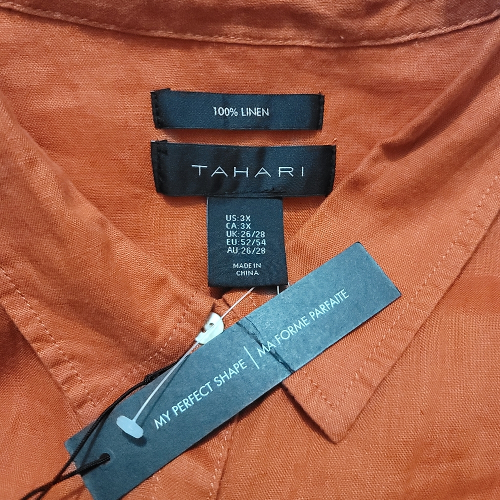 Tahari  Roll-Tab Sleeve Button Down Tunic Top Women’s Size 3X 100%Linen Orange - Picture 13 of 16
